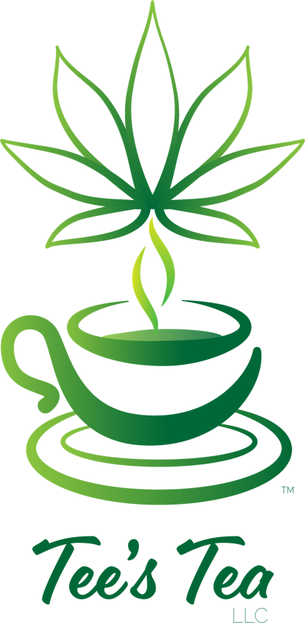 Tee's Tea emblem: a botanical leaf rising from a steaming teacup